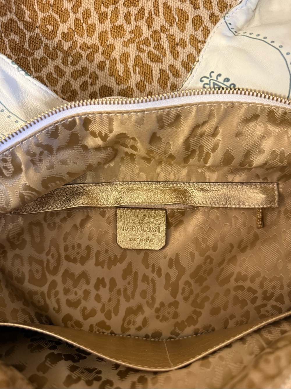 💯Auth! VINTAGE ROBERTO CAVALLI Cream/Green Floral Leather Bag w Braided Tassel - Picture 13 of 16